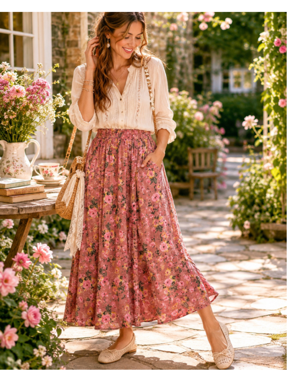 April Cornell Skirt Women M Floral Maxi Crinkle Prairie Cottagecore Pink Pockets